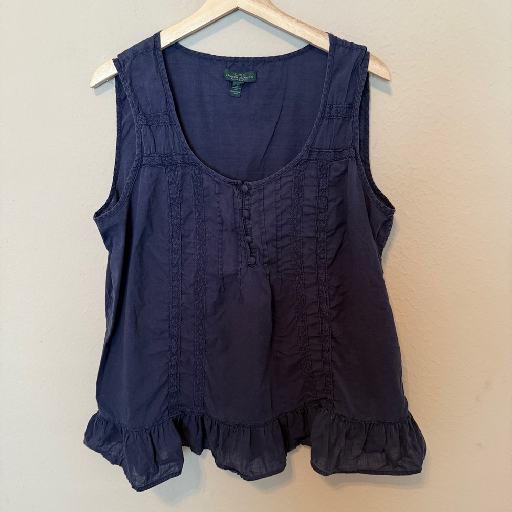 Lauren Ralph Lauren Jeans Co. Woman’s XL Sleeveless Cotton Shirt  Blue Ruffles